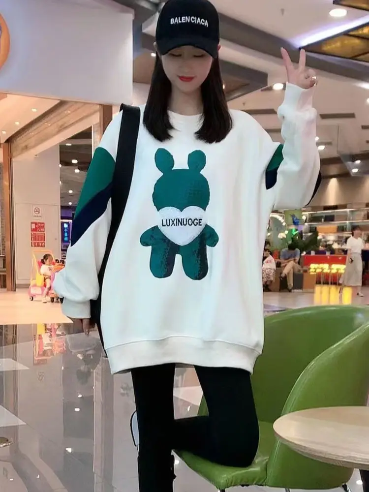 Women 2025 Bear Print Sweatshirt Black White Green Mid Length - Image 6