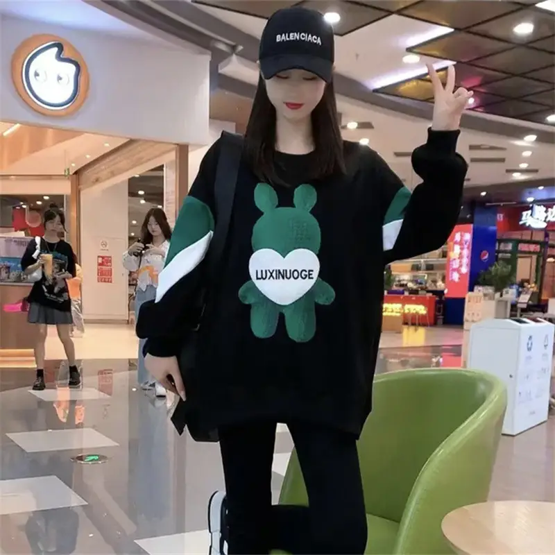 Women 2025 Bear Print Sweatshirt Black White Green Mid Length - Image 7