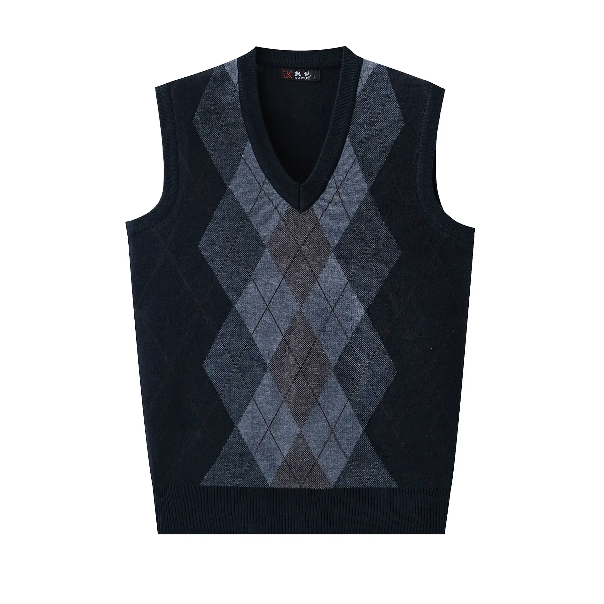 Men's V Neck Quilted Pullover Vest Brown Jacquard