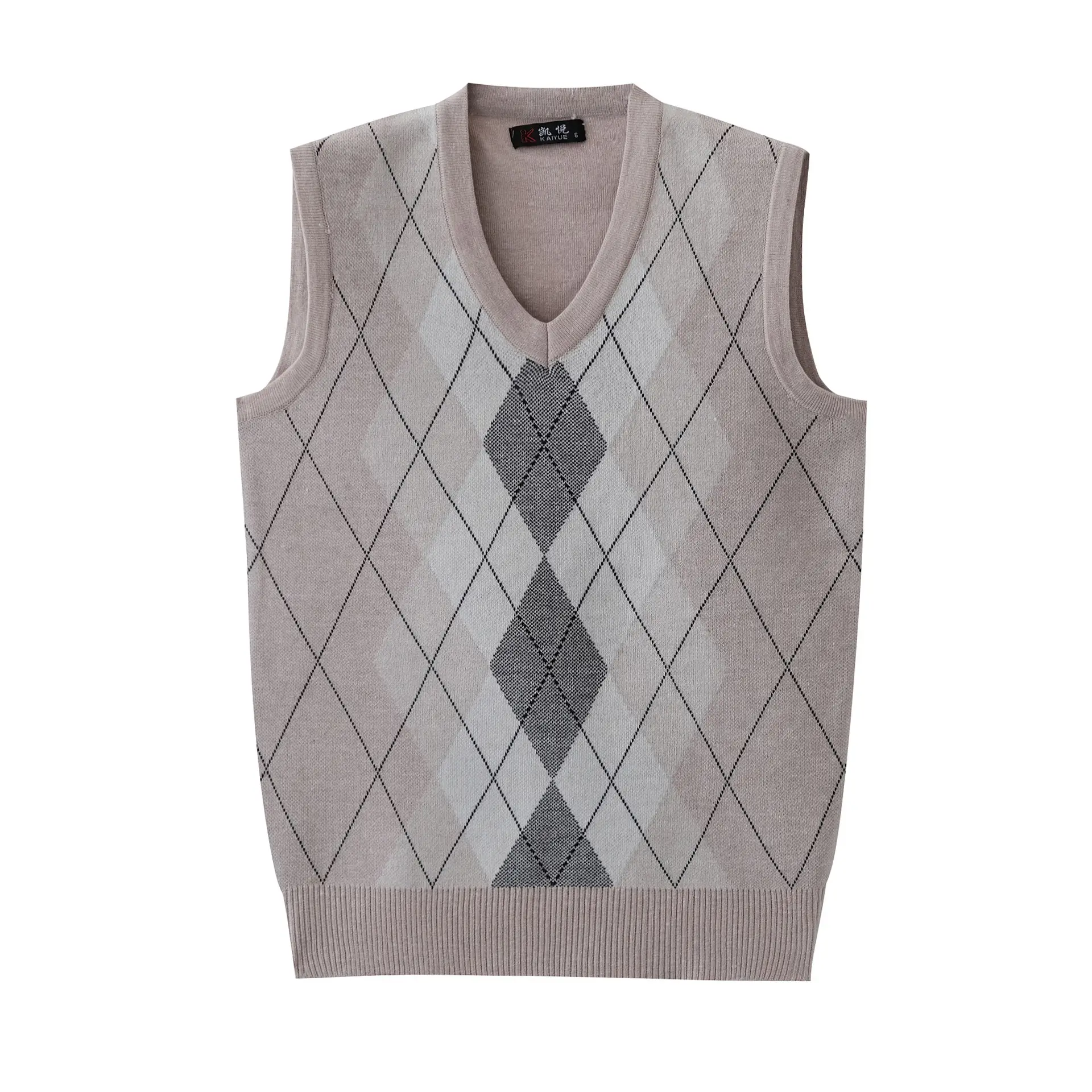 Men's V Neck Quilted Pullover Vest Brown Jacquard