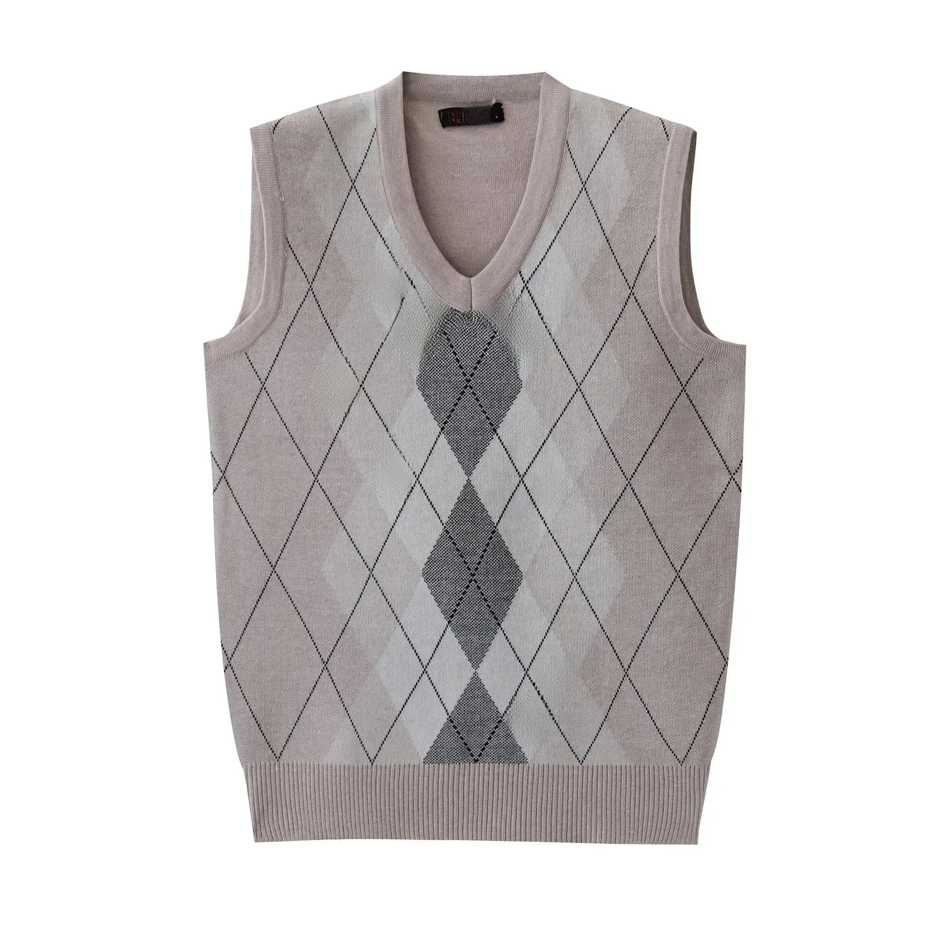 Men's V Neck Quilted Pullover Vest Brown Jacquard
