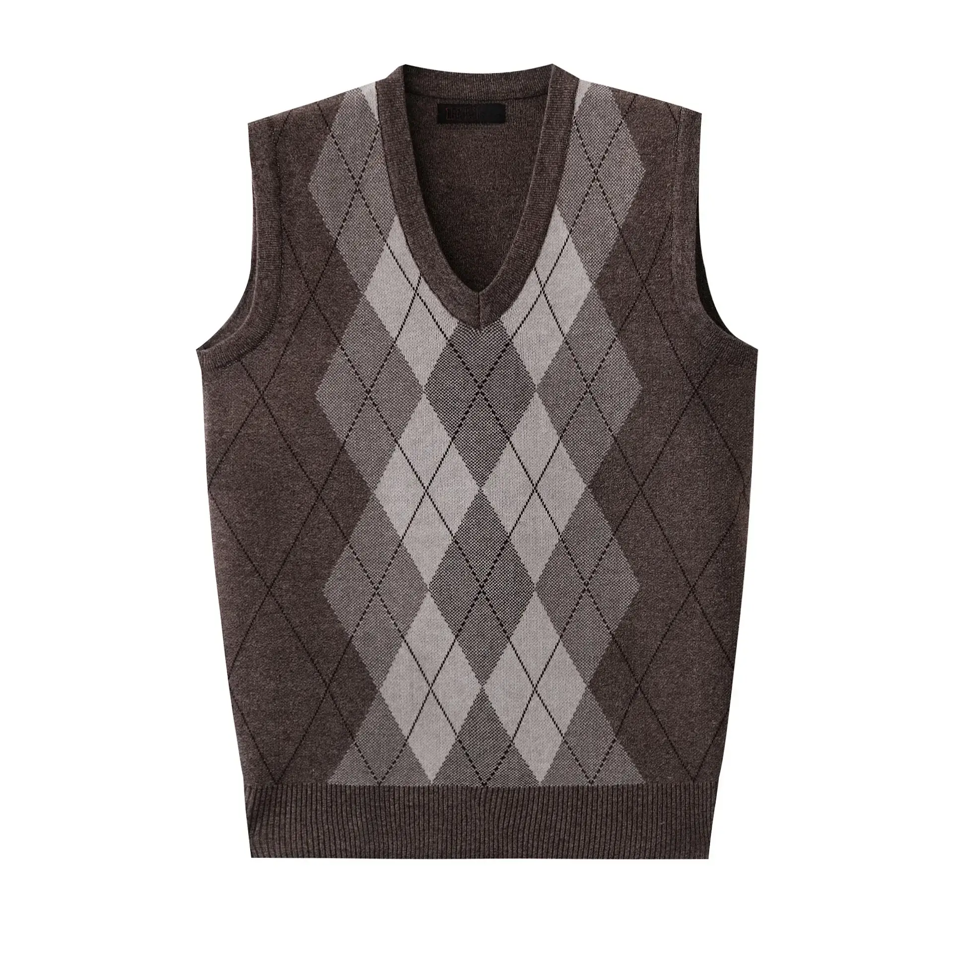 Men's V Neck Quilted Pullover Vest Brown Jacquard