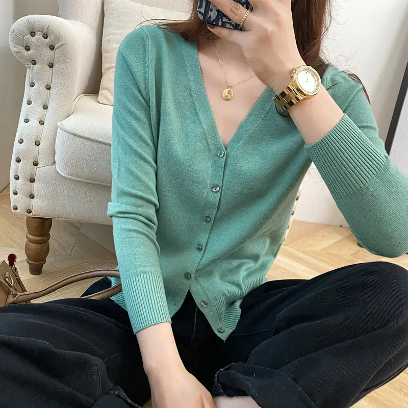 2025 Women Blue V-Neck Knit Cardigan Top - Image 22