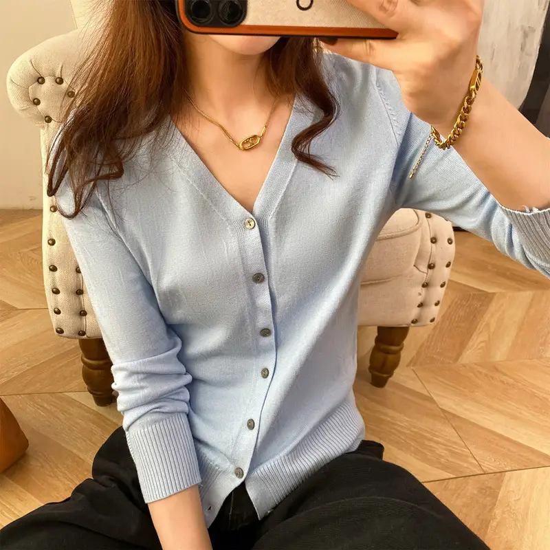 2025 Women Blue V-Neck Knit Cardigan Top - Image 23