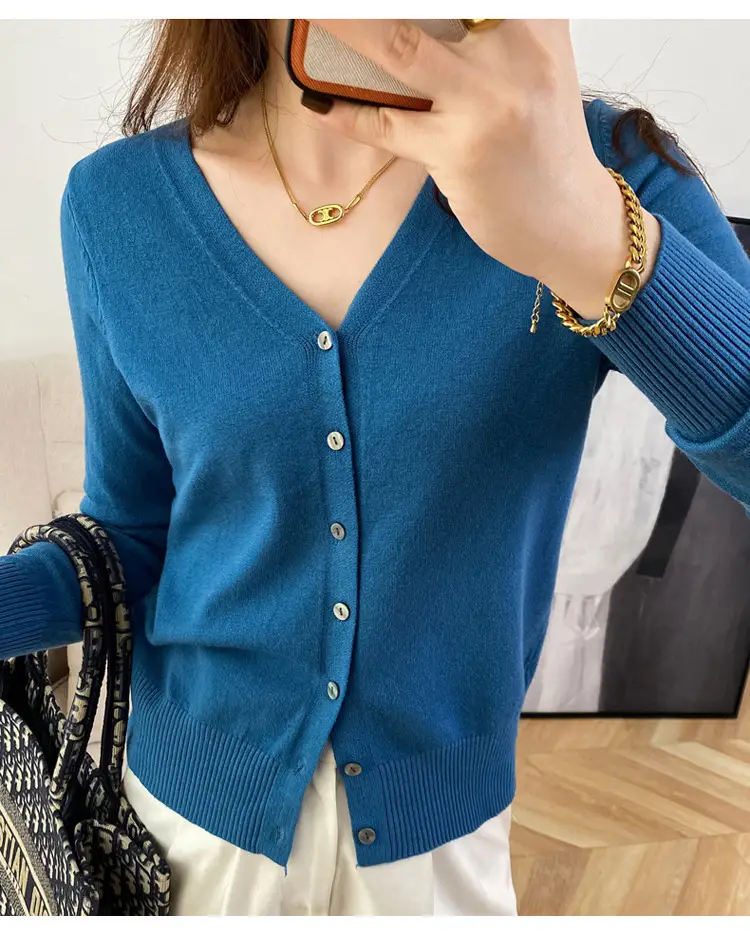 2025 Women Blue V-Neck Knit Cardigan Top — feature 24
