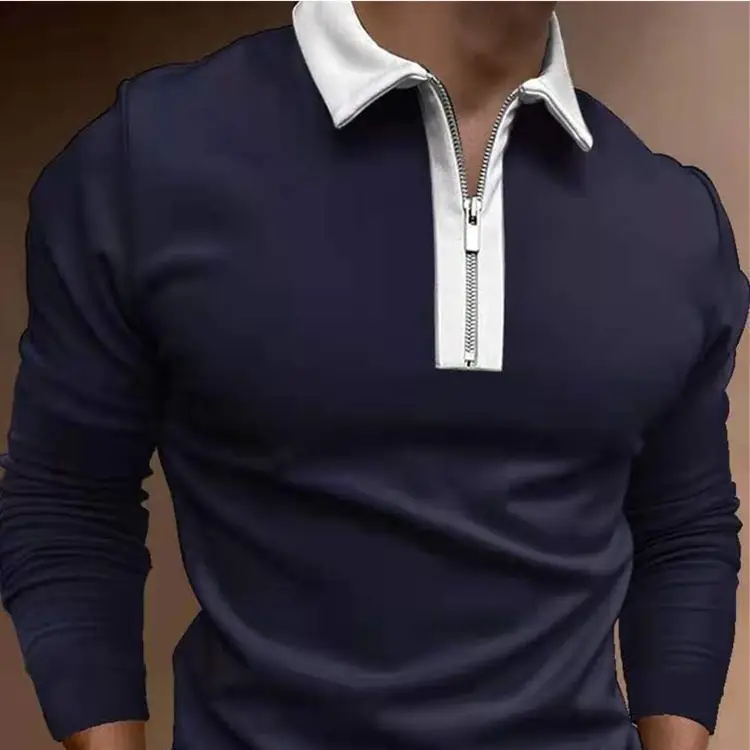Men's Light Blue Lapel Zipper Polo Shirt Long Sleeve - Image 9
