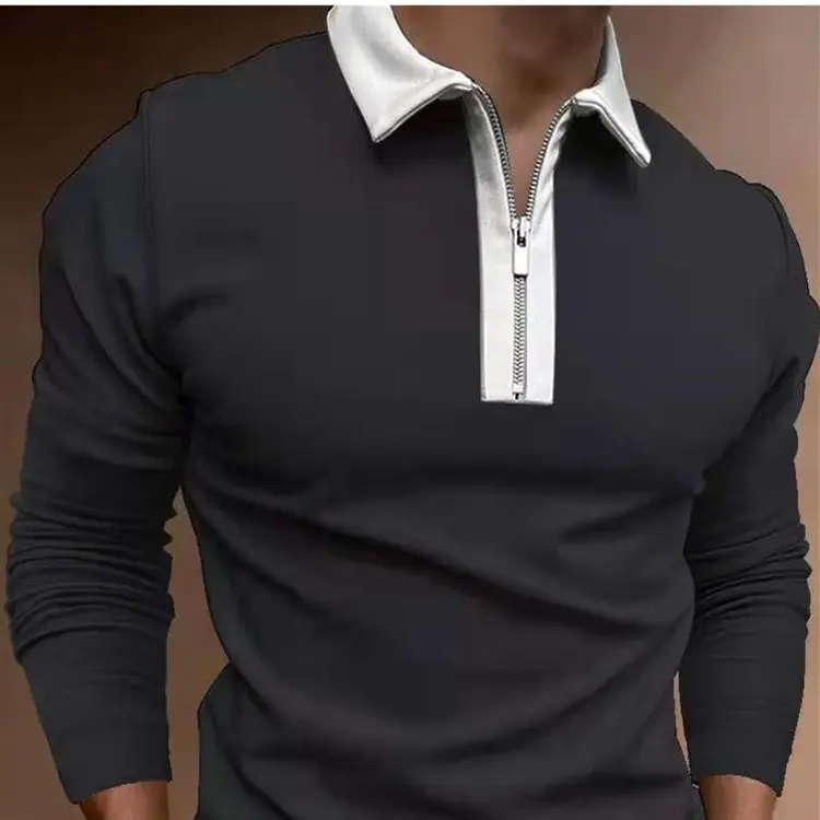 Men's Light Blue Lapel Zipper Polo Shirt Long Sleeve - Image 10