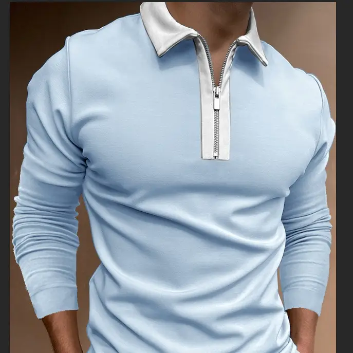 Men's Light Blue Lapel Zipper Polo Shirt Long Sleeve - Image 11