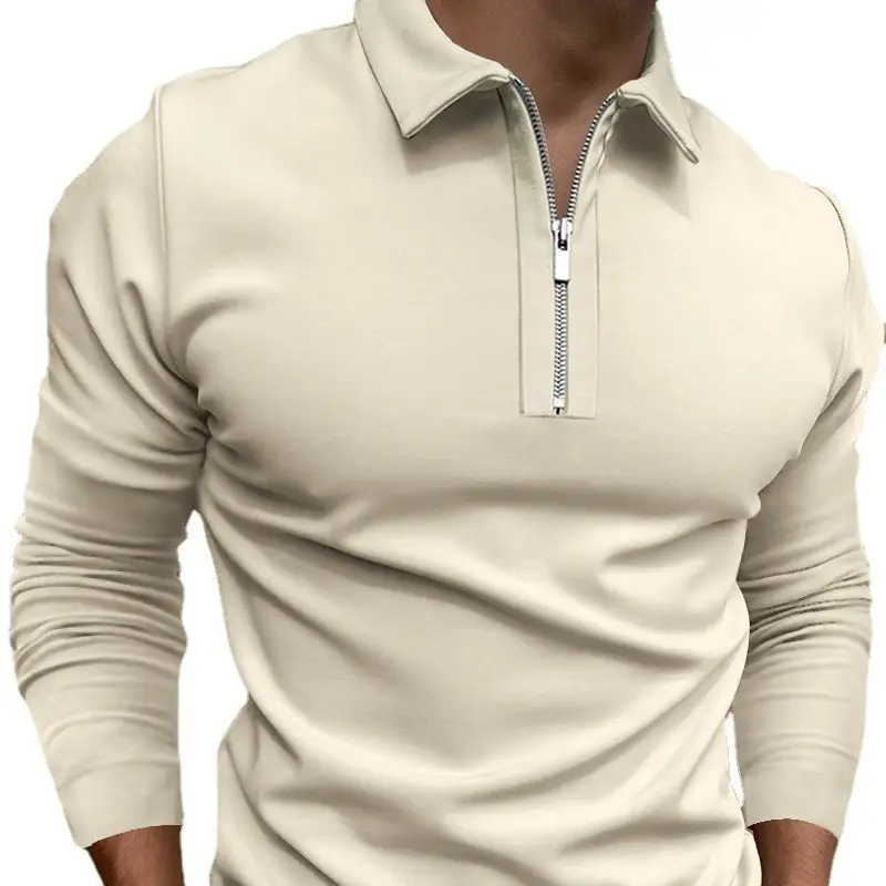 Men's Light Blue Lapel Zipper Polo Shirt Long Sleeve - Image 12