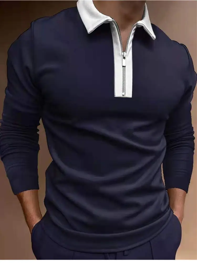 Men's Light Blue Lapel Zipper Polo Shirt Long Sleeve — feature 6
