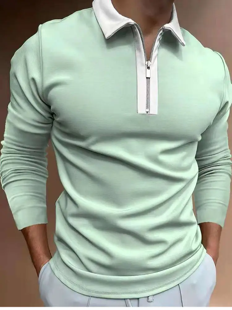 Men's Light Blue Lapel Zipper Polo Shirt Long Sleeve — feature 7