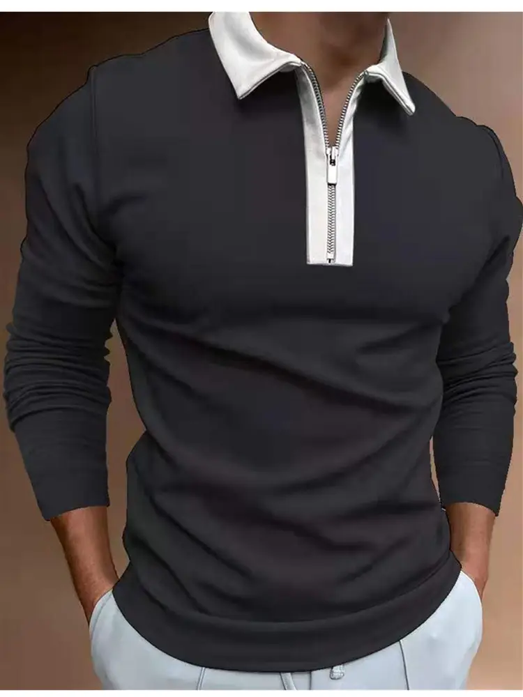 Men's Light Blue Lapel Zipper Polo Shirt Long Sleeve - Image 5