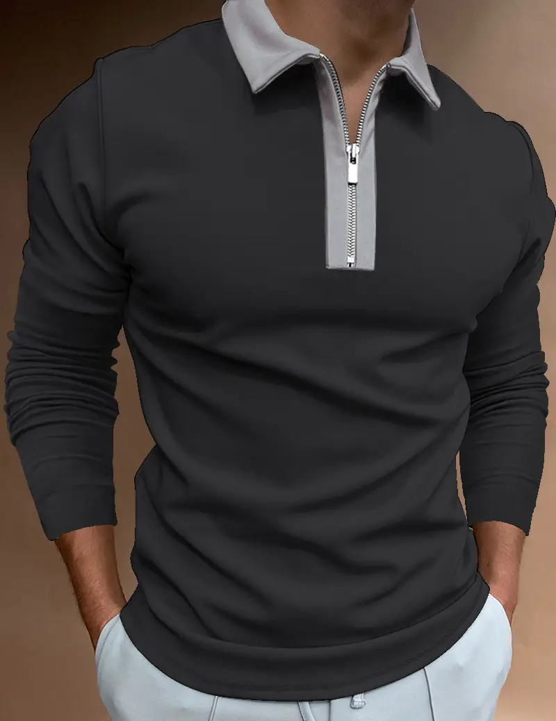 Men's Light Blue Lapel Zipper Polo Shirt Long Sleeve - Image 6