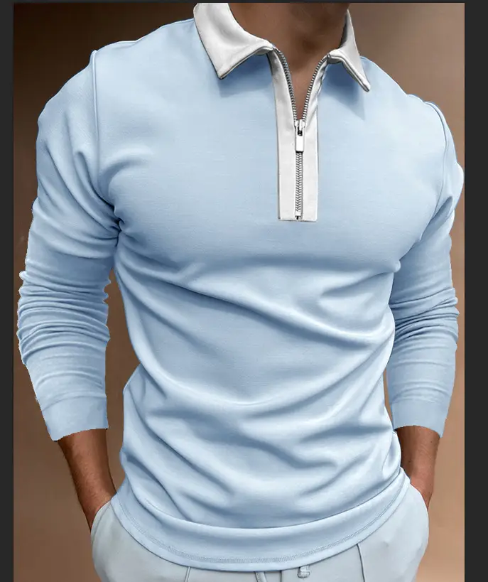 Men's Light Blue Lapel Zipper Polo Shirt Long Sleeve - Image 7