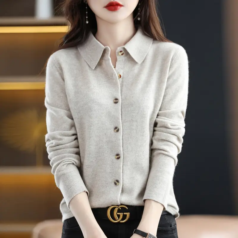 Women's White Polo Collar Long Sleeve Sweater Shirt - Image 9