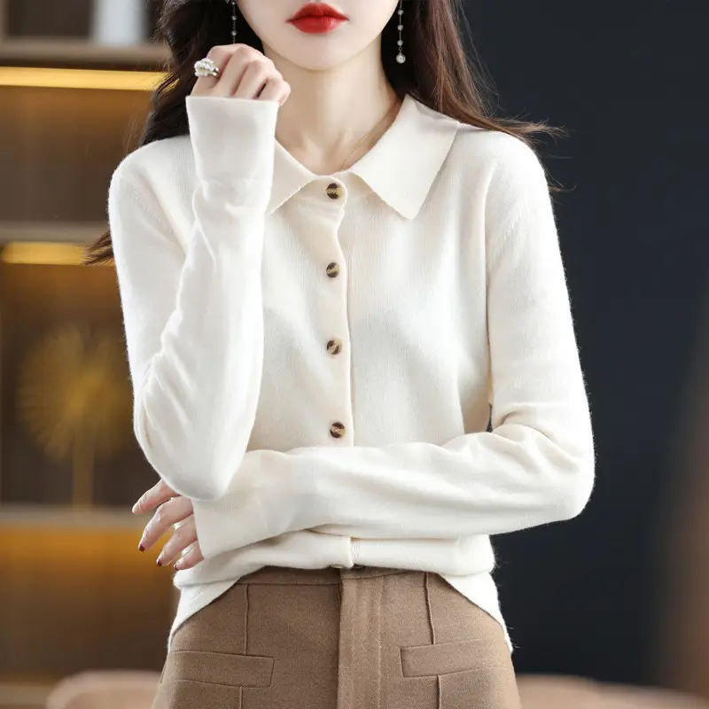 Women's White Polo Collar Long Sleeve Sweater Shirt - Image 10