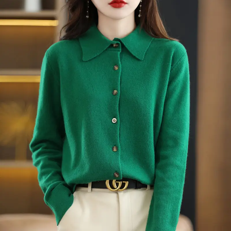 Women's White Polo Collar Long Sleeve Sweater Shirt - Image 11
