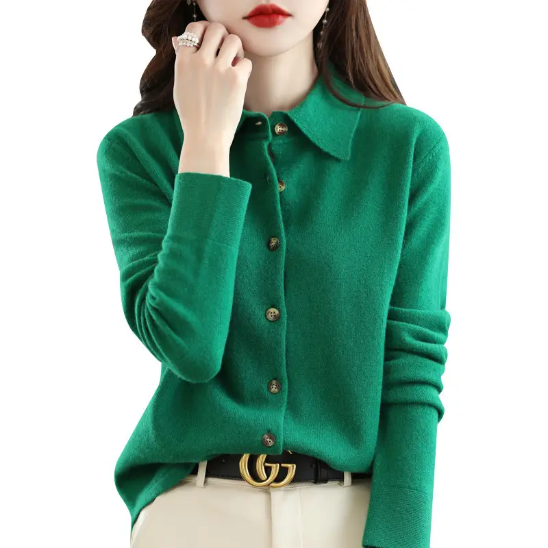 Women's White Polo Collar Long Sleeve Sweater Shirt - Image 12