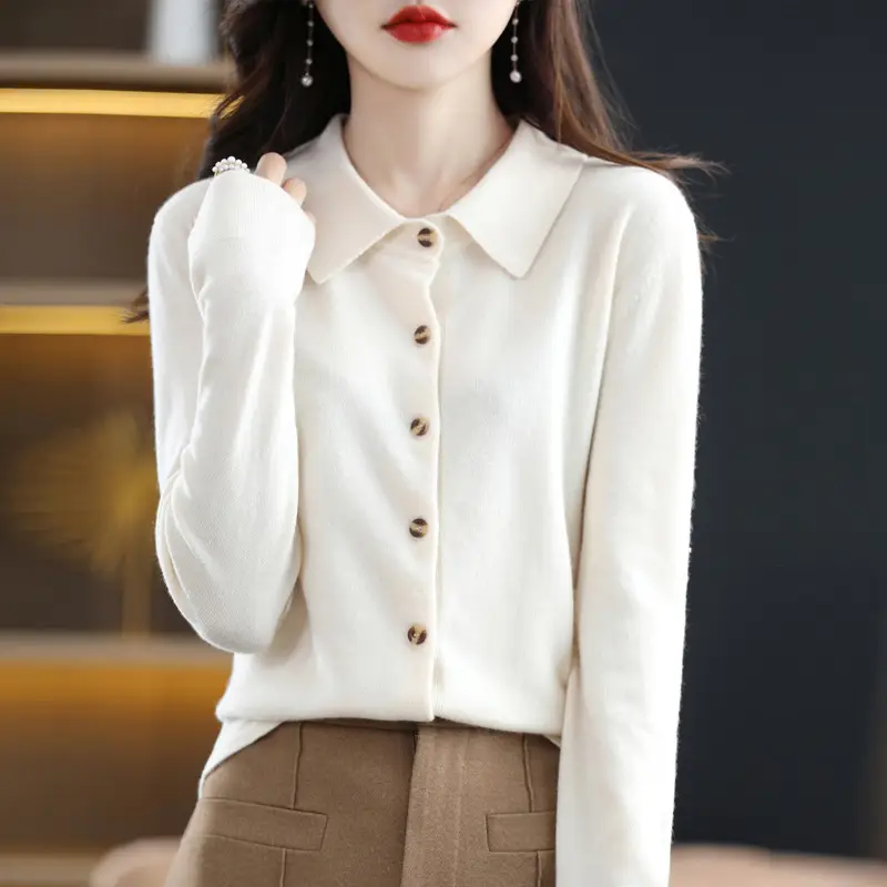 Women's White Polo Collar Long Sleeve Sweater Shirt - Image 3