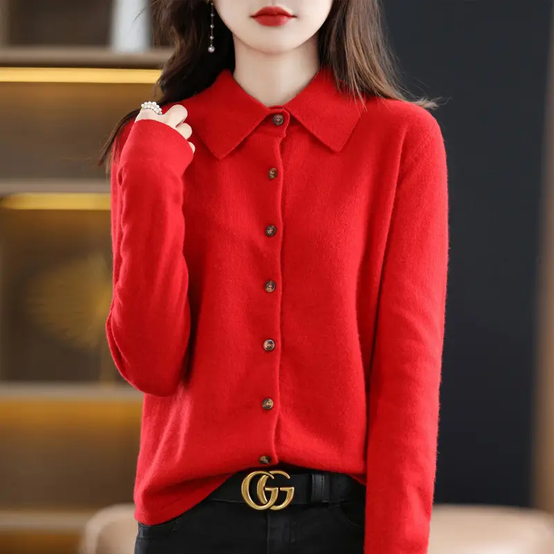 Women's White Polo Collar Long Sleeve Sweater Shirt - Image 6