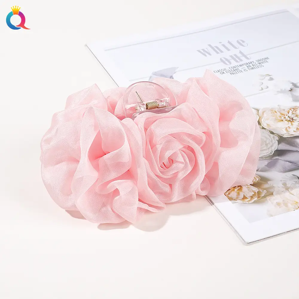 Qiyue Chiffon Rose Hair Clip Pink Large - Image 3