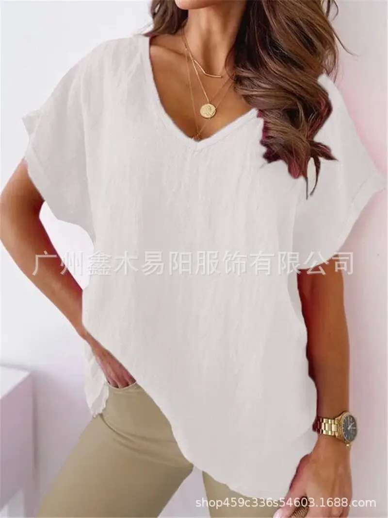 Pink V-Neck Loose Sleeve T-Shirt for Women - Image 7