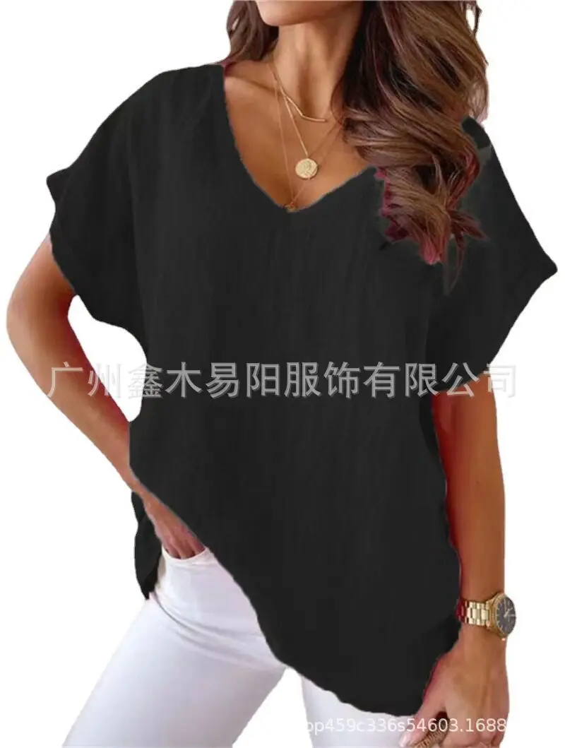 Pink V-Neck Loose Sleeve T-Shirt for Women - Image 9