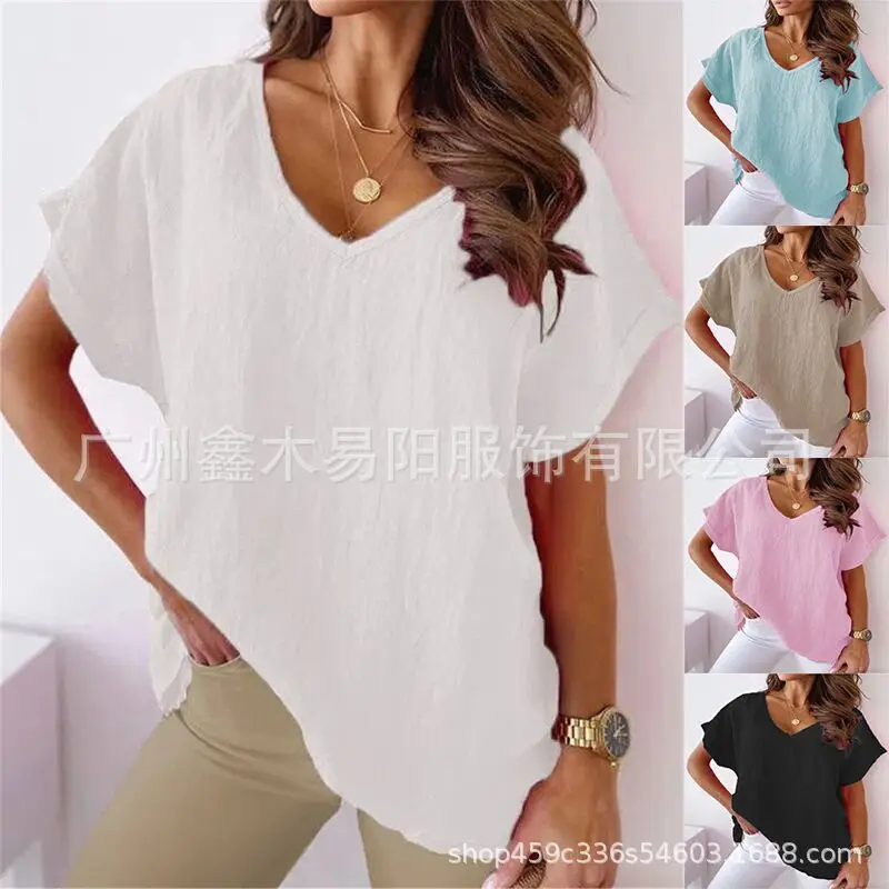 Pink V-Neck Loose Sleeve T-Shirt for Women - Image 10