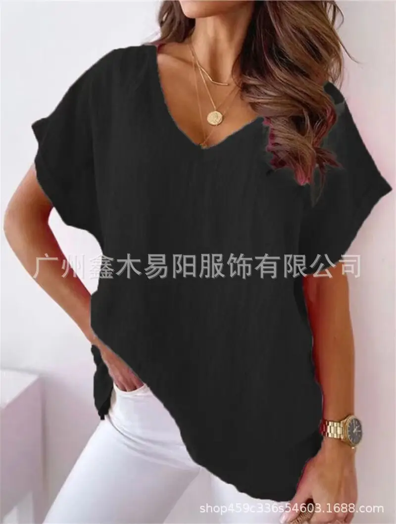 Pink V-Neck Loose Sleeve T-Shirt for Women — feature 7