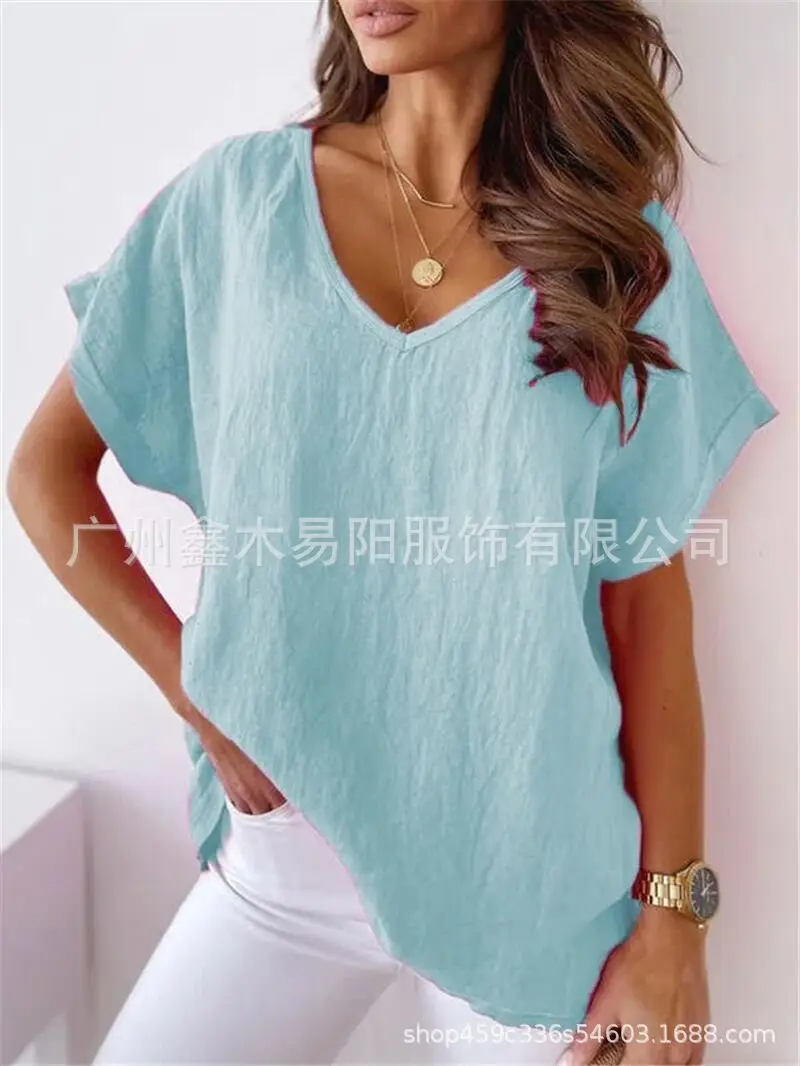Pink V-Neck Loose Sleeve T-Shirt for Women — feature 8