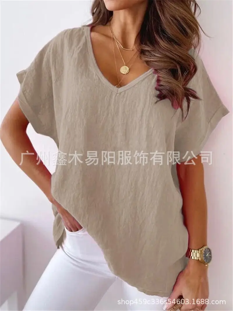 Pink V-Neck Loose Sleeve T-Shirt for Women - Image 5