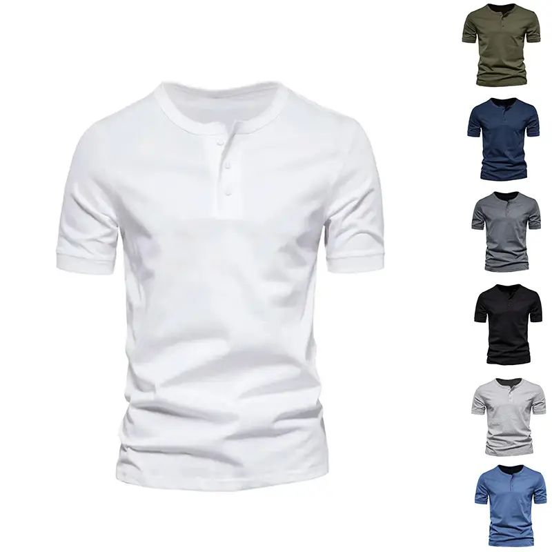 Men's Blue Henley T-Shirt Round Neck Short Sleeve - Image 8