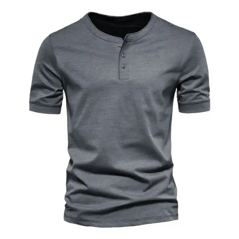 Men's Blue Henley T-Shirt Round Neck Short Sleeve - Image 3