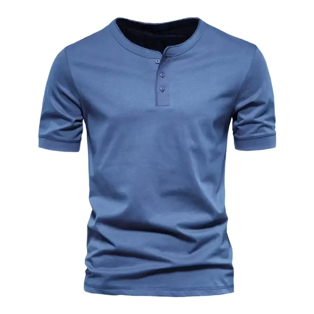 Men's Blue Henley T-Shirt Round Neck Short Sleeve - Image 7