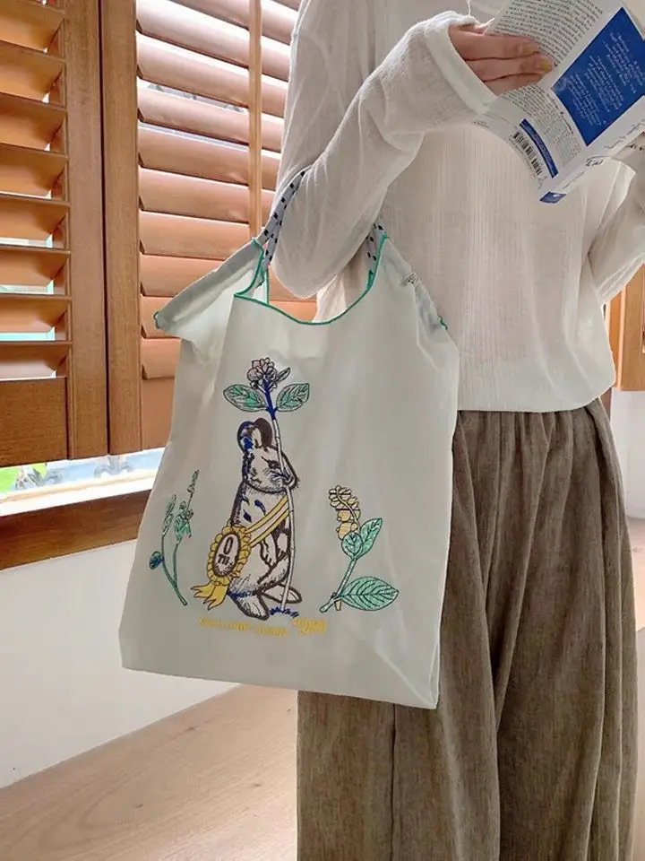 Pink Embroidered Rabbit Tote Bag with Orange Handles - Image 5