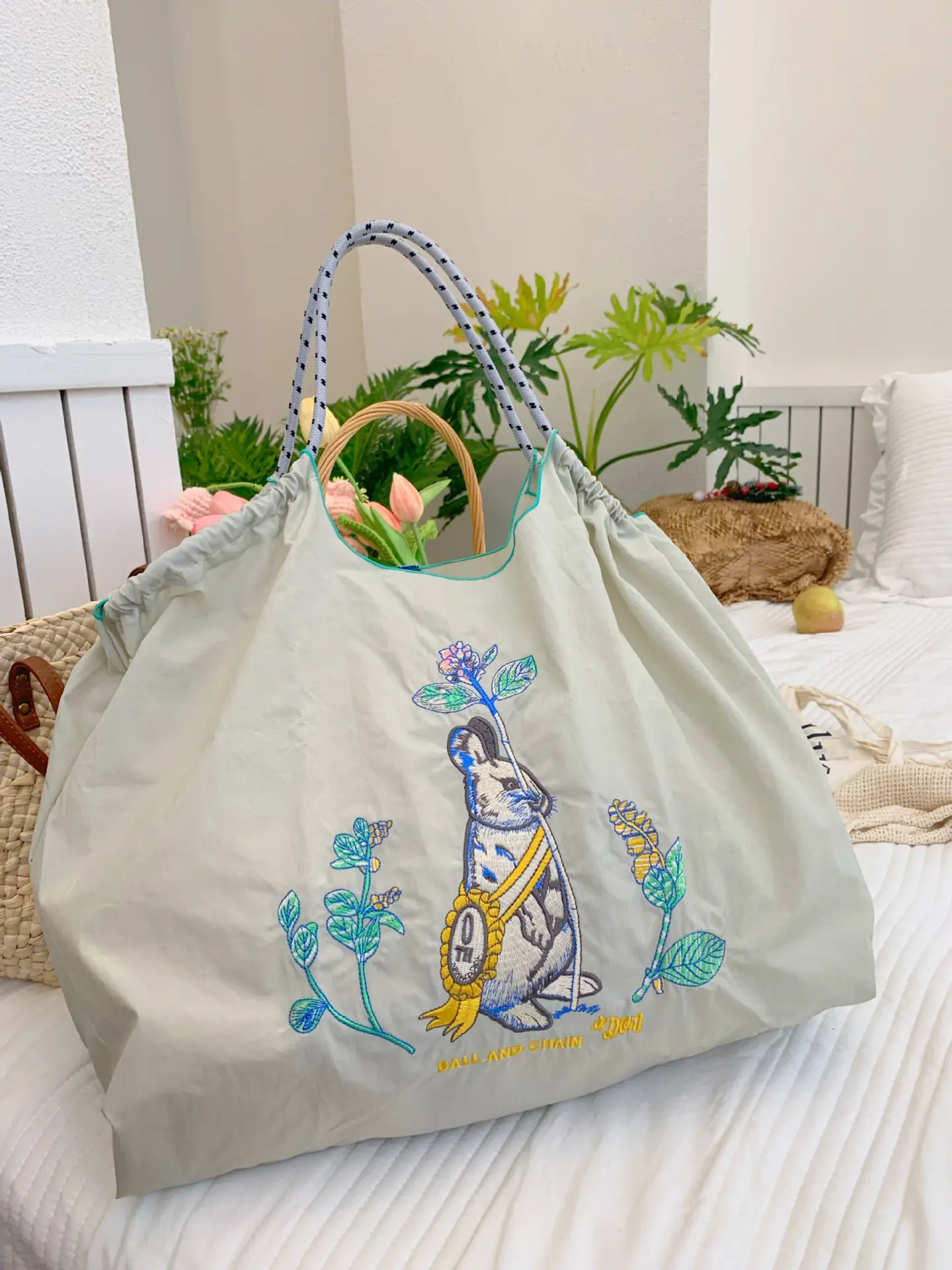 Pink Embroidered Rabbit Tote Bag with Orange Handles - Image 8