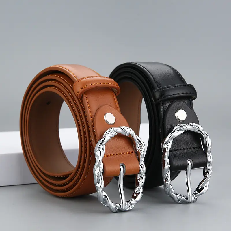 Women's Brown Cowhide Buckle Belt with Chain - Image 6