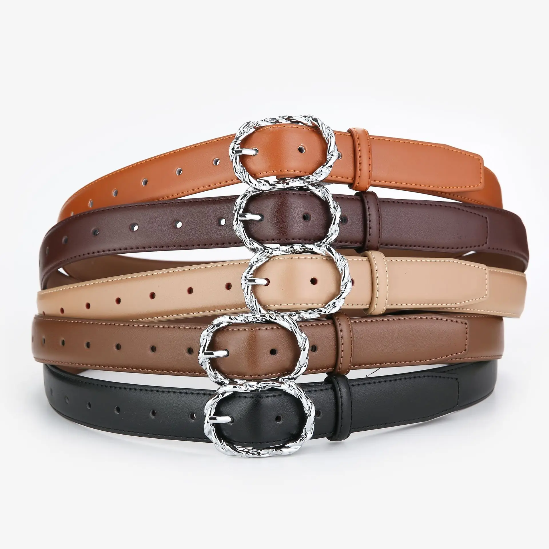 Women's Brown Cowhide Buckle Belt with Chain - Image 9