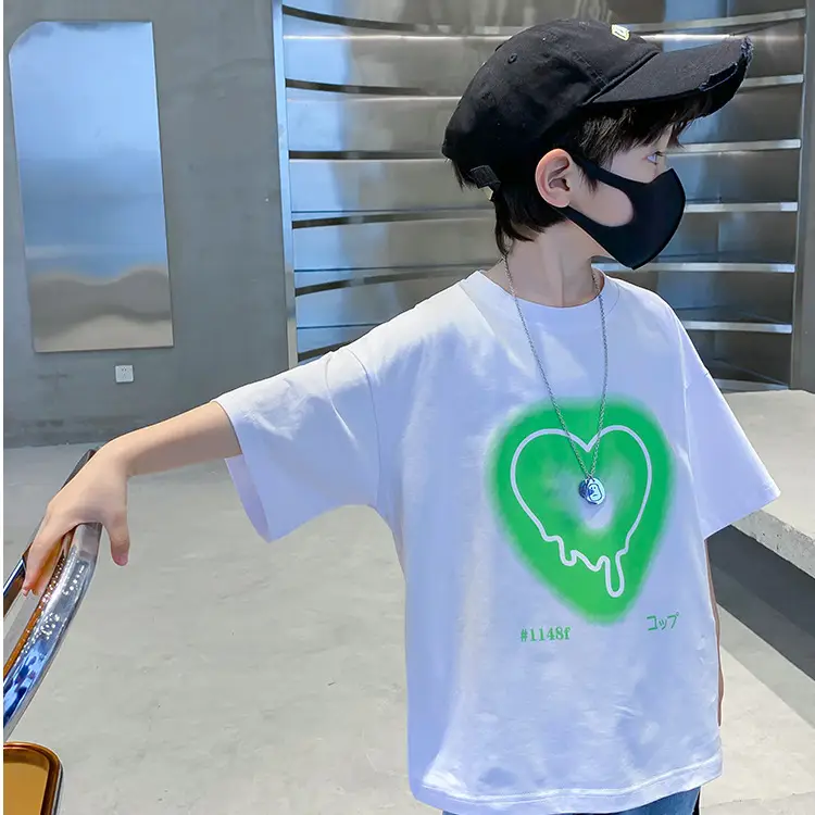 Kids Cotton Heart Print T-Shirt Black 2025 Summer - Image 4