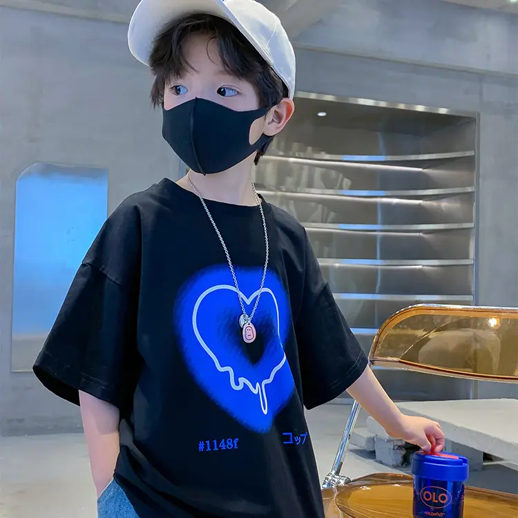 Kids Cotton Heart Print T-Shirt Black 2025 Summer - Image 5