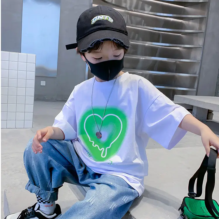 Kids Cotton Heart Print T-Shirt Black 2025 Summer - Image 6