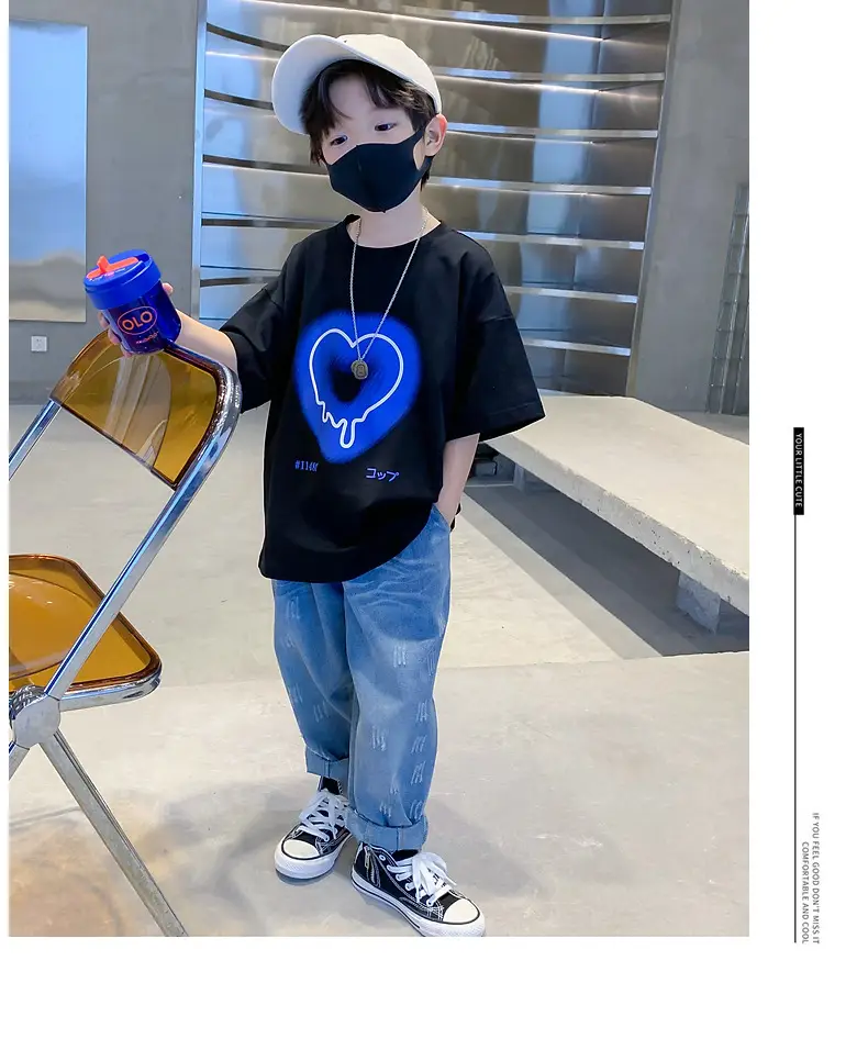 Kids Cotton Heart Print T-Shirt Black 2025 Summer — feature 10