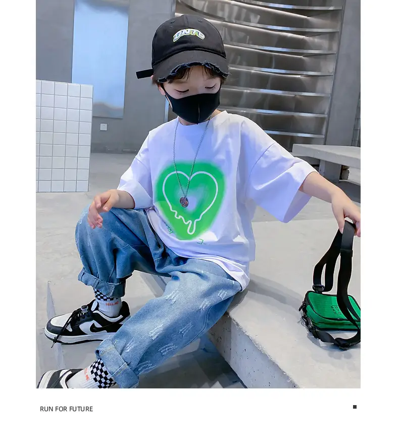 Kids Cotton Heart Print T-Shirt Black 2025 Summer — feature 11