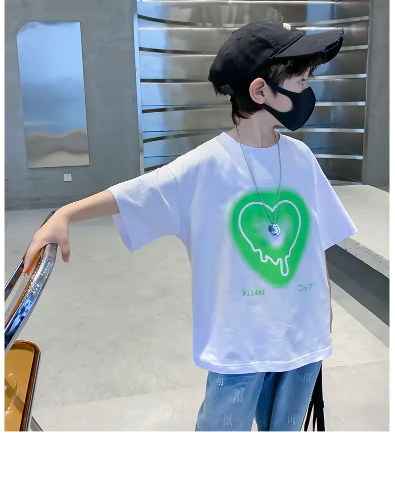 Kids Cotton Heart Print T-Shirt Black 2025 Summer — feature 12
