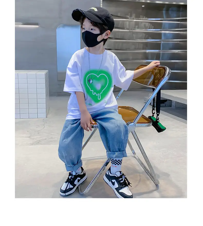 Kids Cotton Heart Print T-Shirt Black 2025 Summer — feature 13