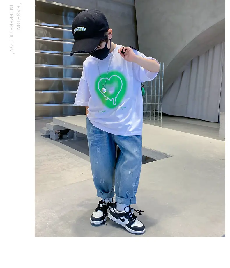 Kids Cotton Heart Print T-Shirt Black 2025 Summer — feature 14