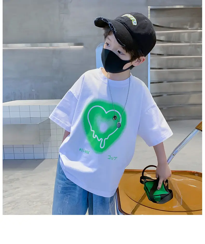 Kids Cotton Heart Print T-Shirt Black 2025 Summer — feature 15