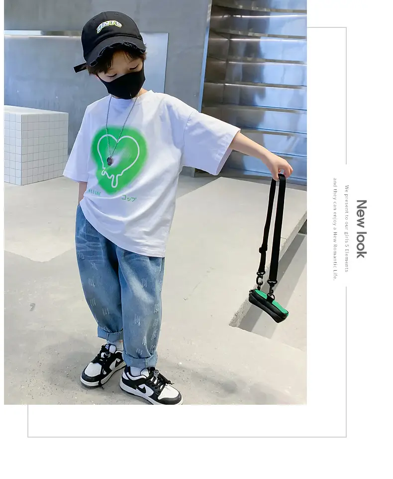 Kids Cotton Heart Print T-Shirt Black 2025 Summer — feature 16