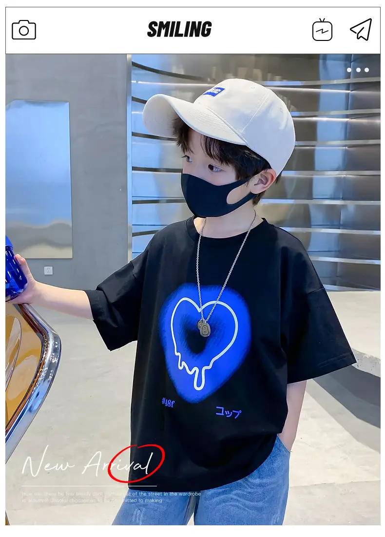 Kids Cotton Heart Print T-Shirt Black 2025 Summer — feature 2