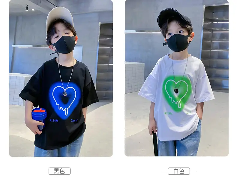 Kids Cotton Heart Print T-Shirt Black 2025 Summer — feature 4